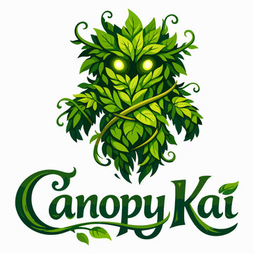 Creative Canopy Kat mascot logo blending a sleek feline silhouette with lush jungle leaves, ideal for eco-friendly brands, nature conservation, and tropical wildlife themes