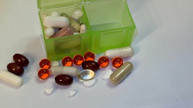 Green pillbox with scattered supplement capsules. Closeup view of translucent green container open on white surface, assortment.
