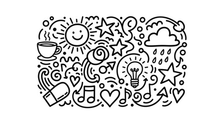 Fototapeta premium Black and white doodle art illustration featuring a cheerful sun, coffee cup, stars, lightbulb, and musical notes, symbolizing creativity and daily inspiration.