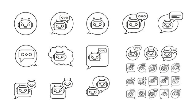 Diverse set of minimalist line art icons depicting robot chatbots with various speech bubbles, symbolizing artificial intelligence technology and communication.