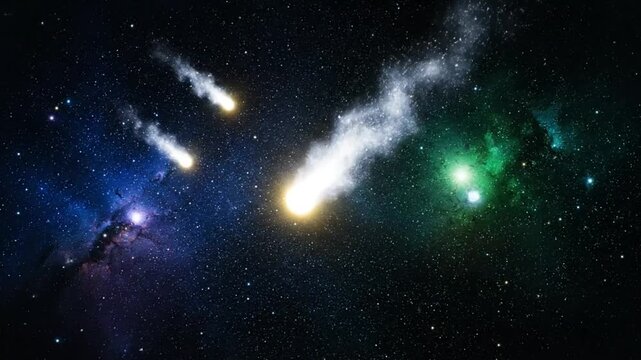 Cosmic spectacle of vibrant nebulae and blazing comets traversing the infinite expanse of space in the dark night