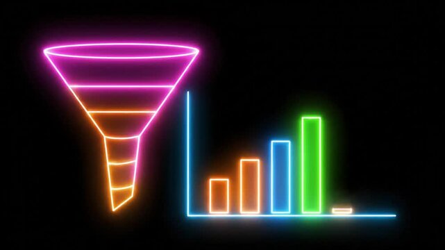 Neon funnel chart concept visualizing process from start to completion in business with data increase