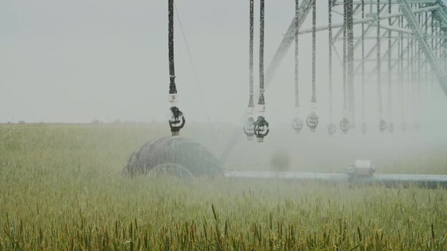 Large water sprinkler system in a green corn field. Equipment for industrial irrigation. Sustainable agriculture concept.