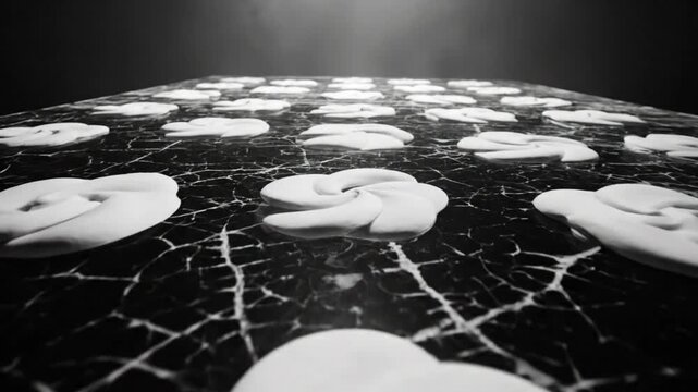 Black and white close-up shot of white flower-shaped objects arranged on a textured surface under a bright light