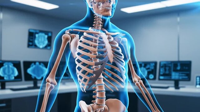 Anatomical Render of a Human Body with Skeleton and Organs in a Hospital or Medical Setting