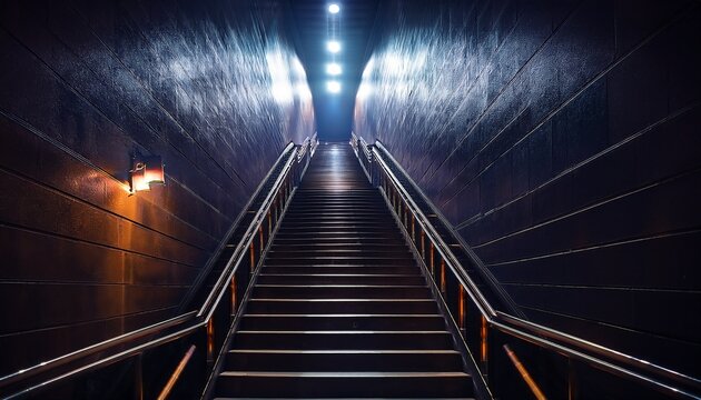 a long and dark stairs with illuminating lights surrounding going up towards an opening to the next level a dark ominous stairs case to the top success and hardship climb to the top modern stairs