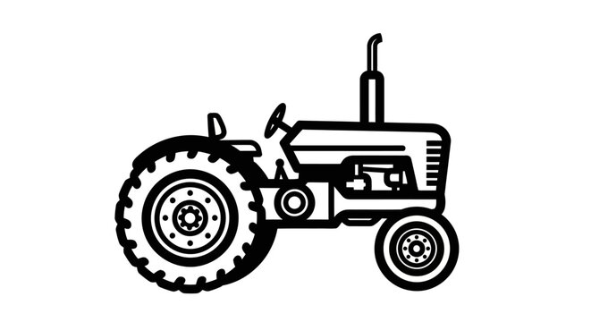 Black-and-white vector illustration of a classic tractor with large wheels and exhaust pipe. Isolated on plain background.