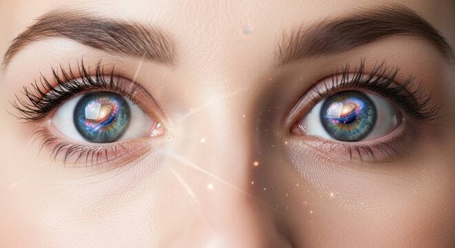 Close-Up of Woman's Eyes with Vibrant Blue Iris and Light Effects