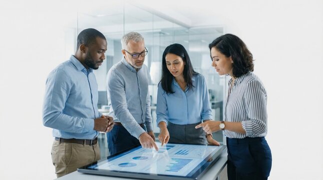 Professional business team collaboration with digital tablet on a modern workday on isolated background