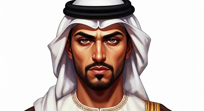 Arabian man portrait with traditional headwear looking focused.
