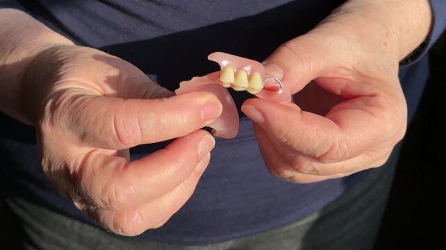 Close-up woman hands holding denture showcasing high-quality partial prosthesis patient inspecting fit and tooth detail against dark.