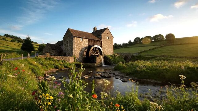 Scenic waterside view of an old stone water mill building at sunset with lush green fields in the background
