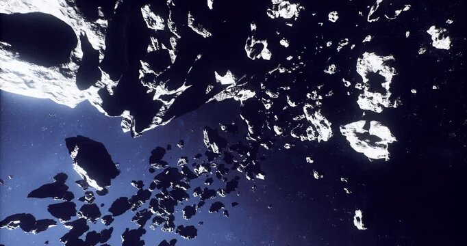 cargo freighter threading narrow asteroid belt, loaded containers visible, engine plumes balancing microgravity, automated navigation managing close passes,