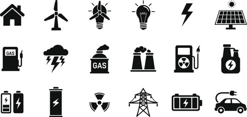 Fototapeta premium Energy source icons silhouette power electricity and renewable energy symbols