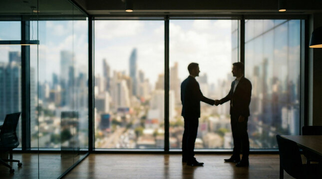 Business agreement concept showing blurred silhouette of business people shaking hands near large window in office building showing blurry cityscape. 