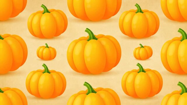 Seamless pumpkin pattern design with different sized orange pumpkins on a textured background for Halloween holiday decoration