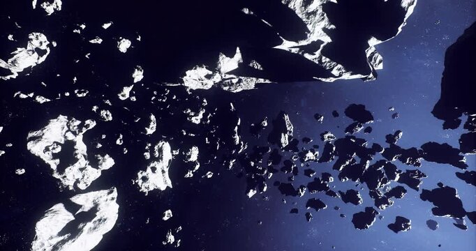 Asteroid breakup scattering luminous fragments across dark expanse, shockwave patterns and ejecta trails visible, bright shards contrasted against starfield,