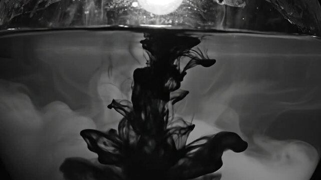 Mesmerizing black ink diffusing and expanding in water against an ethereal background creating abstract shapes