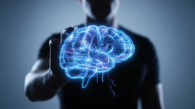 Man holding glowing blue brain illustration in front of his chest in a dark room
