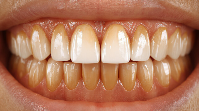 Human Teeth with Yellow Coffee Stains and Enamel Discoloration for Dental Care
