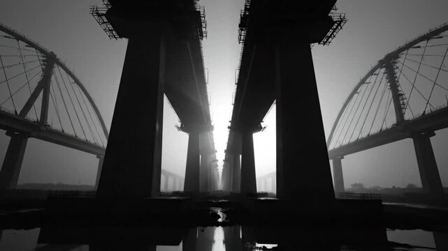 Low angle shot of under construction bridge silhouettes in a misty landscape with bright light in the distance