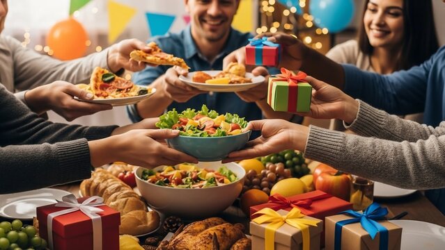 Friends Sharing Food and Gifts.
