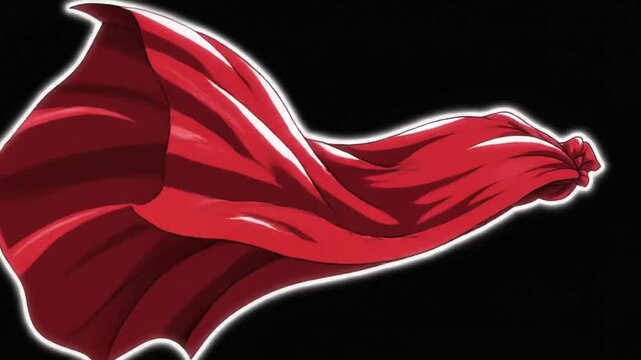 Red cape animation with flowing fabric and a glowing white outline against a black background