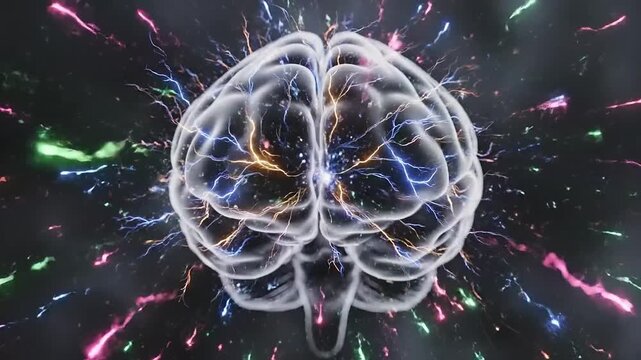 A generated futuristic brain illustration bursts with colorful vibrant lights