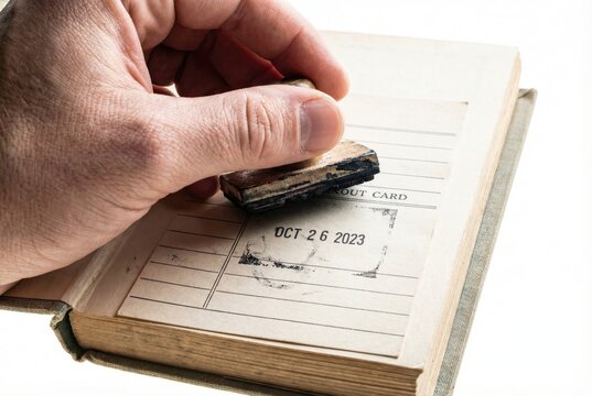 Hand pressing a vintage date stamp reading Oct 26 2023 onto a library book checkout card