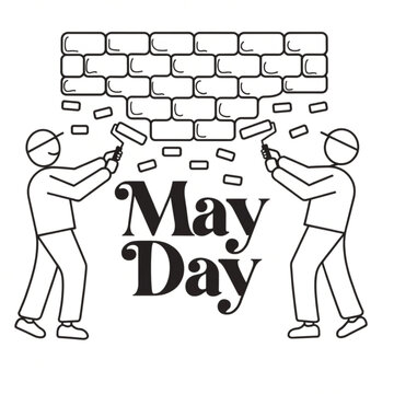 Illustration of two construction workers building a brick wall for the may day celebration Vector, illustration