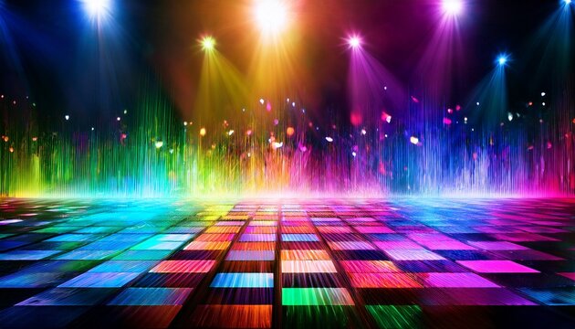 a vibrant disco dancefloor with colorful moving splash effects