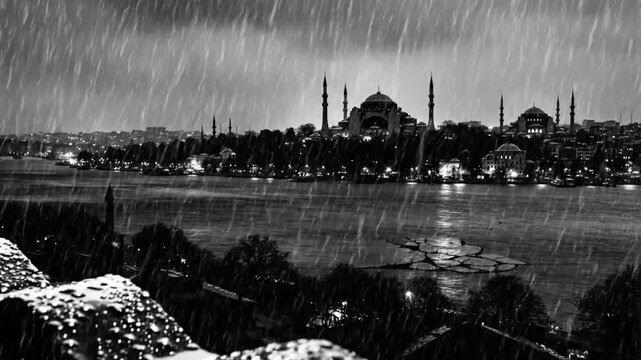 Rainy night over Istanbul's historic skyline, view of the Hagia Sophia and mosques from a high vantage point