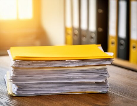 close up of a neat stack of paperwork with yellow folder tops resting on a wooden desk blurred background with binders and sunlight