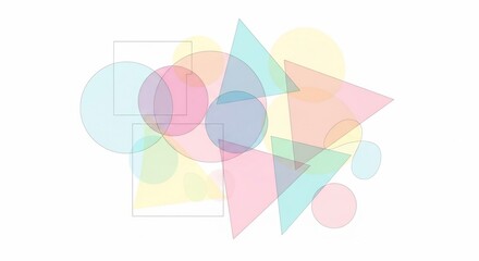 Obraz premium Abstract Pastel Geometric Shapes Overlapping Translucent Circles and Triangles on White Background.