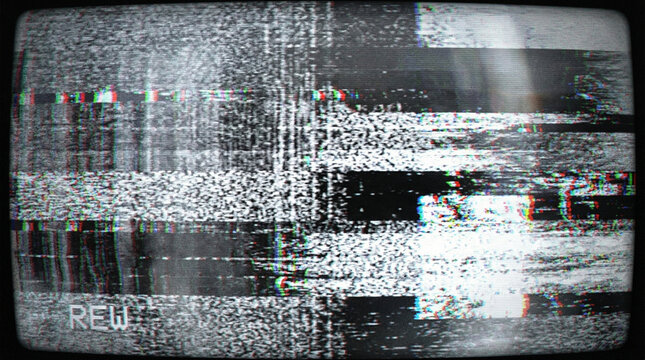 vhs glitch noise background. TV interference. TV screen texture. Signal problems. No signal. Video rewind texture from a tape cassette.