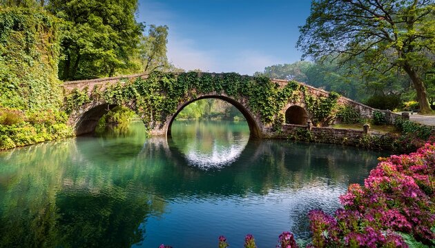 overgrown with vines and flowers a historic stone bridge spans a serene lake in the gardens of ninfa latina italy bridge