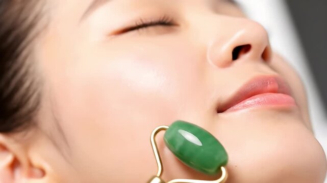 Woman receiving facial massage with green jade roller on cheek