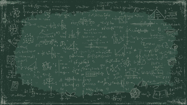 Chalkboard surface features a distressed, worn frame with white mathematical equations and scribbles set against a deep green backdrop.