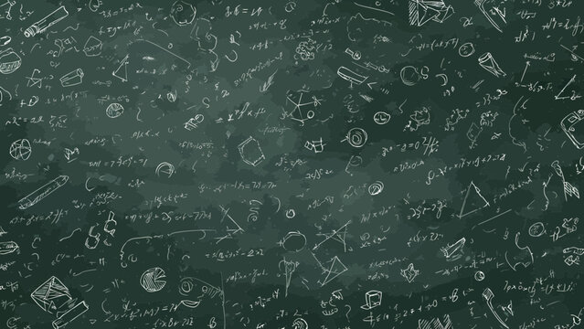 Chalkboard background displays intricate hand-drawn mathematical formulas and scientific diagrams in white dust against a dark green textured surface.