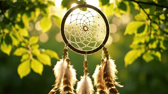 Dreamcatcher hanging in the sun with feathers blowing gently in the wind and leaves in background