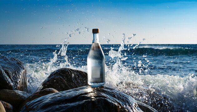 a clear bottle rests on rough stones beside the ocean with waves crashing around it and droplets scattering in the air during daylight