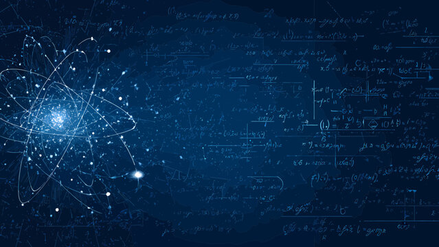 Atom structure glows with brilliant blue light against a backdrop of complex mathematical equations.