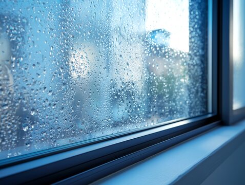 結露した窓ガラスに付着したたくさんの水滴と青白い光が差し込む室内の冷たい空気感