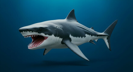 Fototapeta premium Aggressive Shark, Open Mouth with Sharp Teeth, Swimming Underwater, symbolizing danger, power, and predator