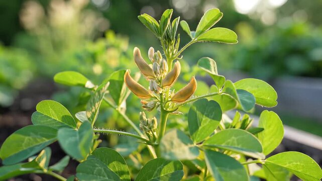 Closeup of a young peanut plant growing in a garden bed with soft sunlight.