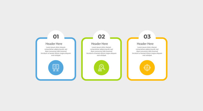 Three colorful infographic cards with headers and relevant information.