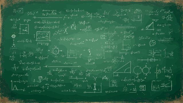 Chalkboard surface features intricate hand-drawn geometric sketches and advanced physics notation, capturing the rustic texture of a worn school teaching tool.