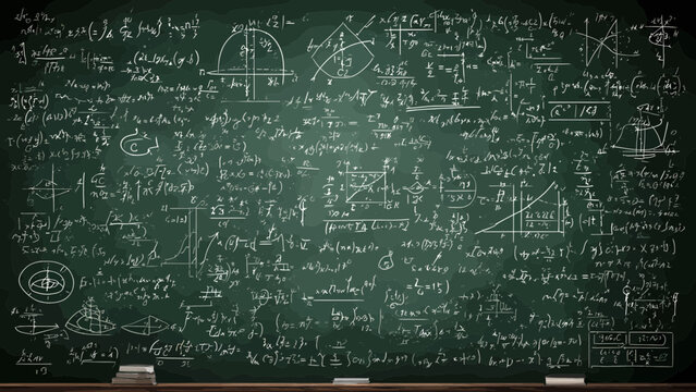 Chalkboard covered in complex white mathematical equations and physics formulas fills the entire frame.