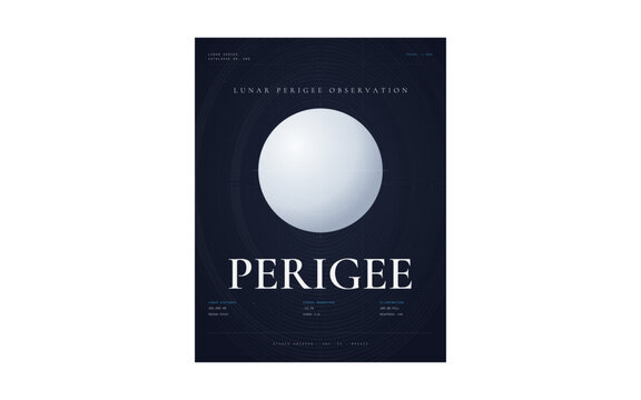 Minimalist lunar perigee poster featuring bright moon sphere on dark cosmic background with clean modern typography. Perfect for astronomy enthusiasts, space decor, science themes, and elegant wall ar