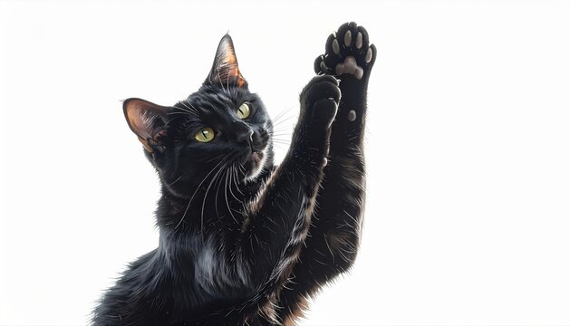 a cat giving high five pose, looking at camera isolated on white